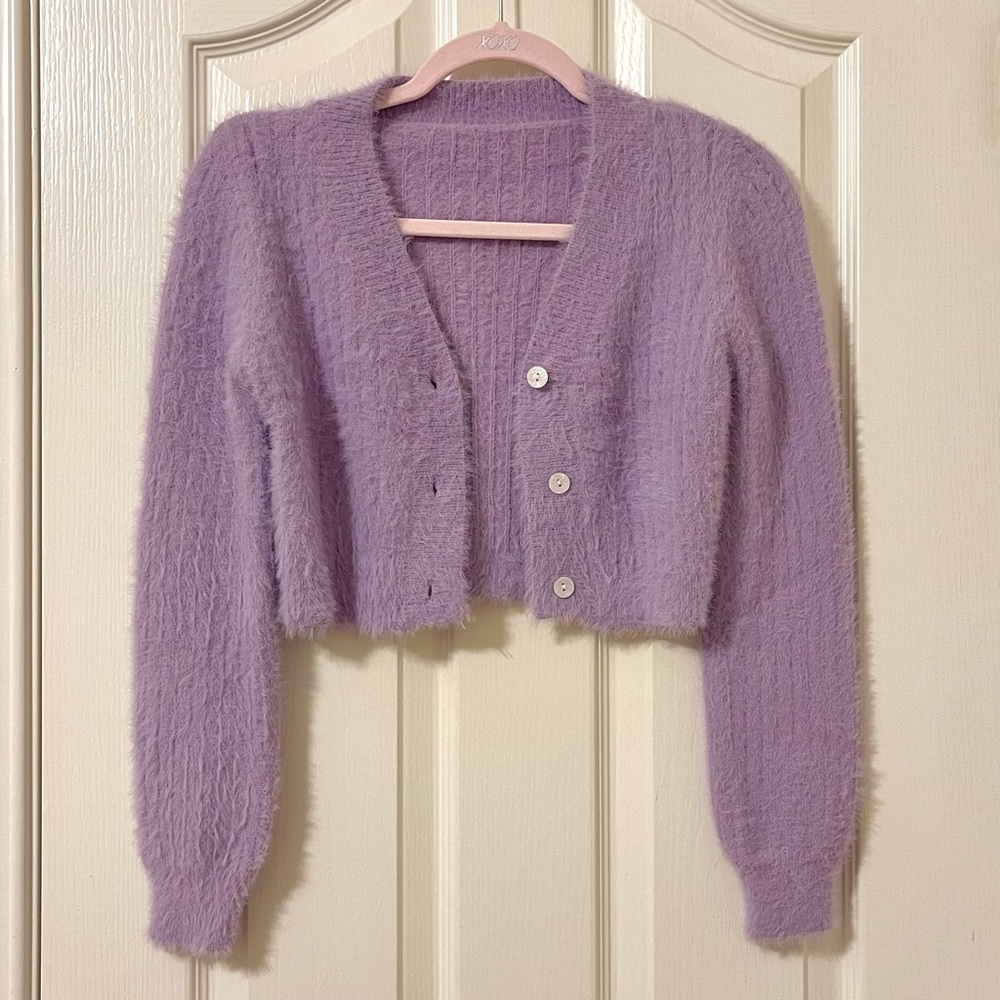 Y2K purple fuzzy cropped cardigan